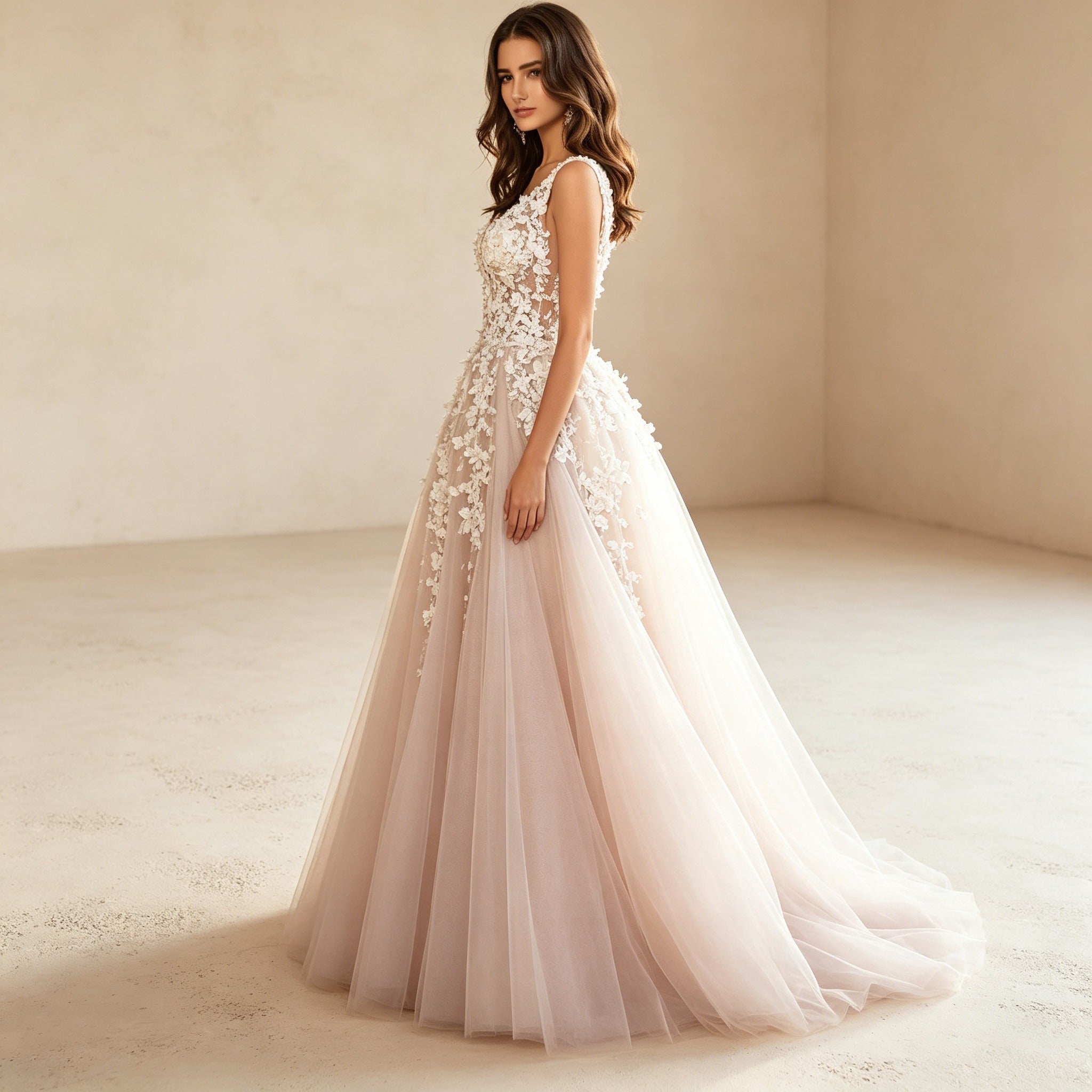 Traumhaftes Prinzessin Tüllkleid in A-Linie mit floralen Applikationen