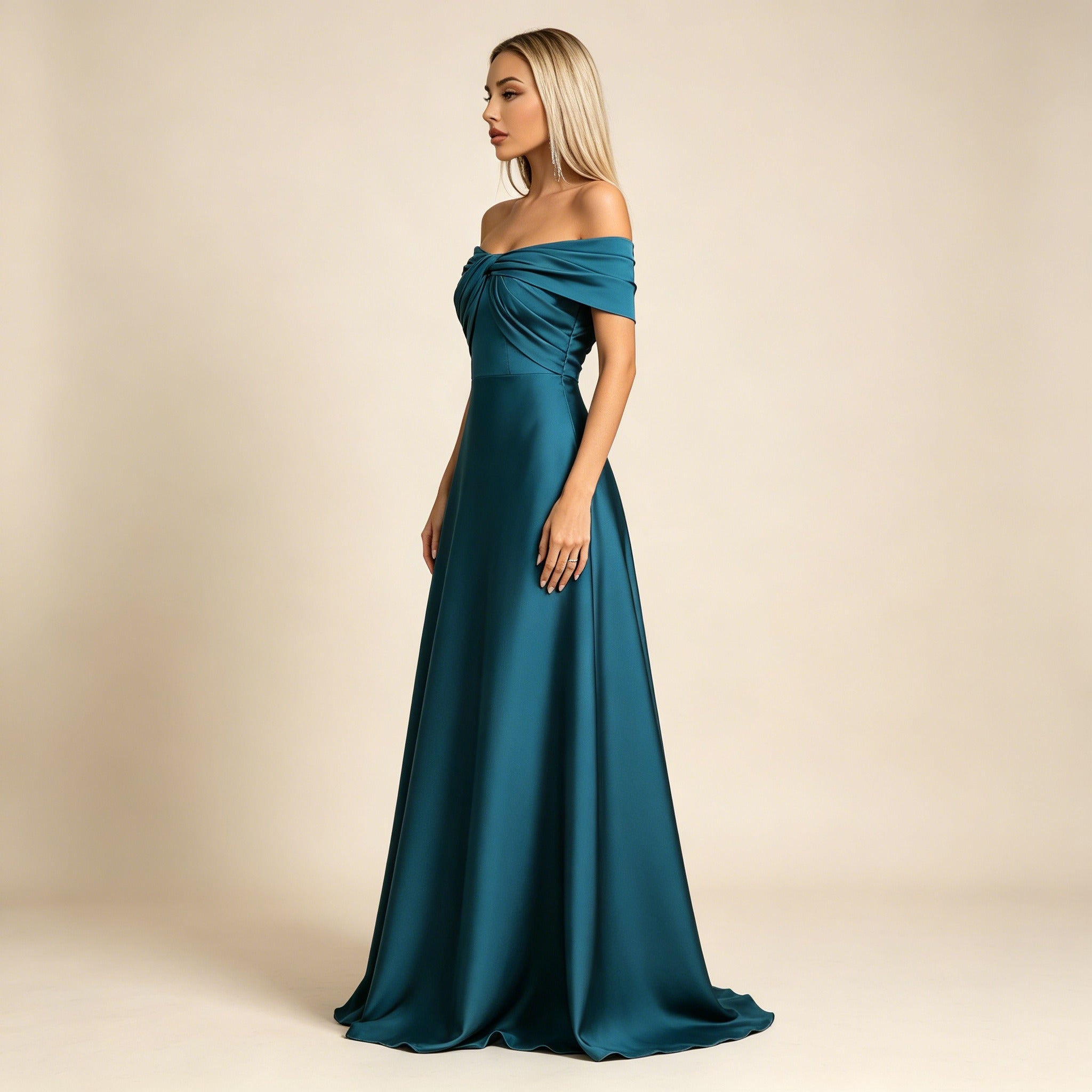 Smaragdgrünes Off-Shoulder Abendkleid aus Satin – Elegante Maxirobe für Damen