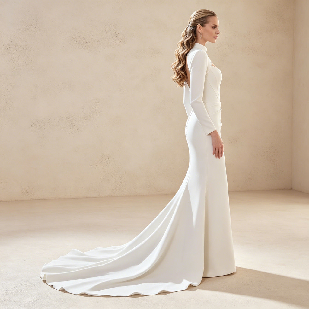 Elegantem Abendkleid mit Stehkragen und Cut-Out – Langärmliges Meerjungfrau-Kleid