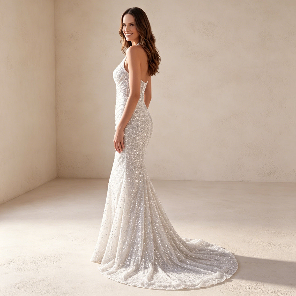 Elegantes Halterneck Abendkleid mit Pailletten – Funkelndes Maxi-Festkleid in Weiß