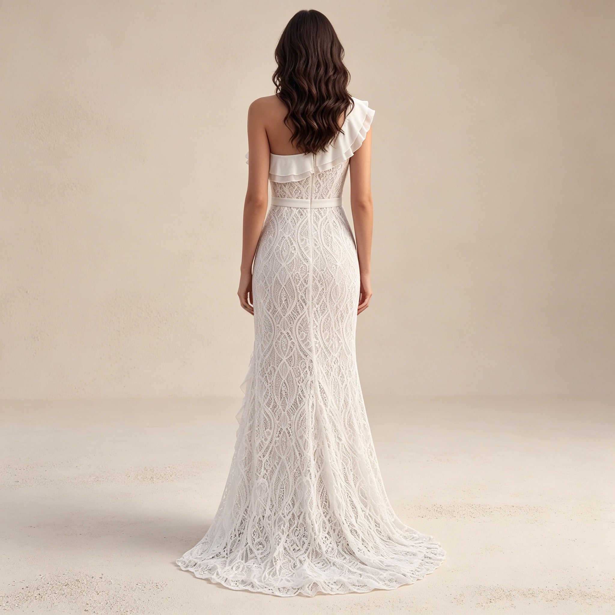 Elegantes One-Shoulder Abendkleid mit Volants – Figurbetontes Spitzenkleid in Weiß