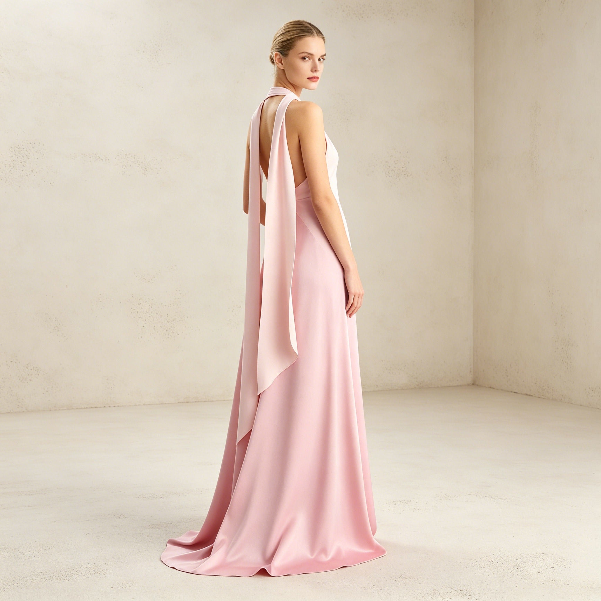Bodenlanges Abendkleid mit Halterneck-Ausschnitt und Color-Blocking in Rosa