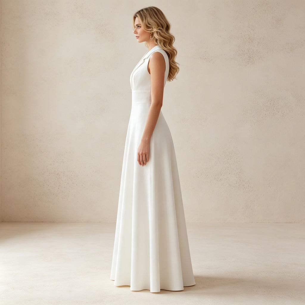 Ärmelloses Satin Festkleid mit V-Ausschnitt – Stilvolles Damen Eventkleid in Weiß