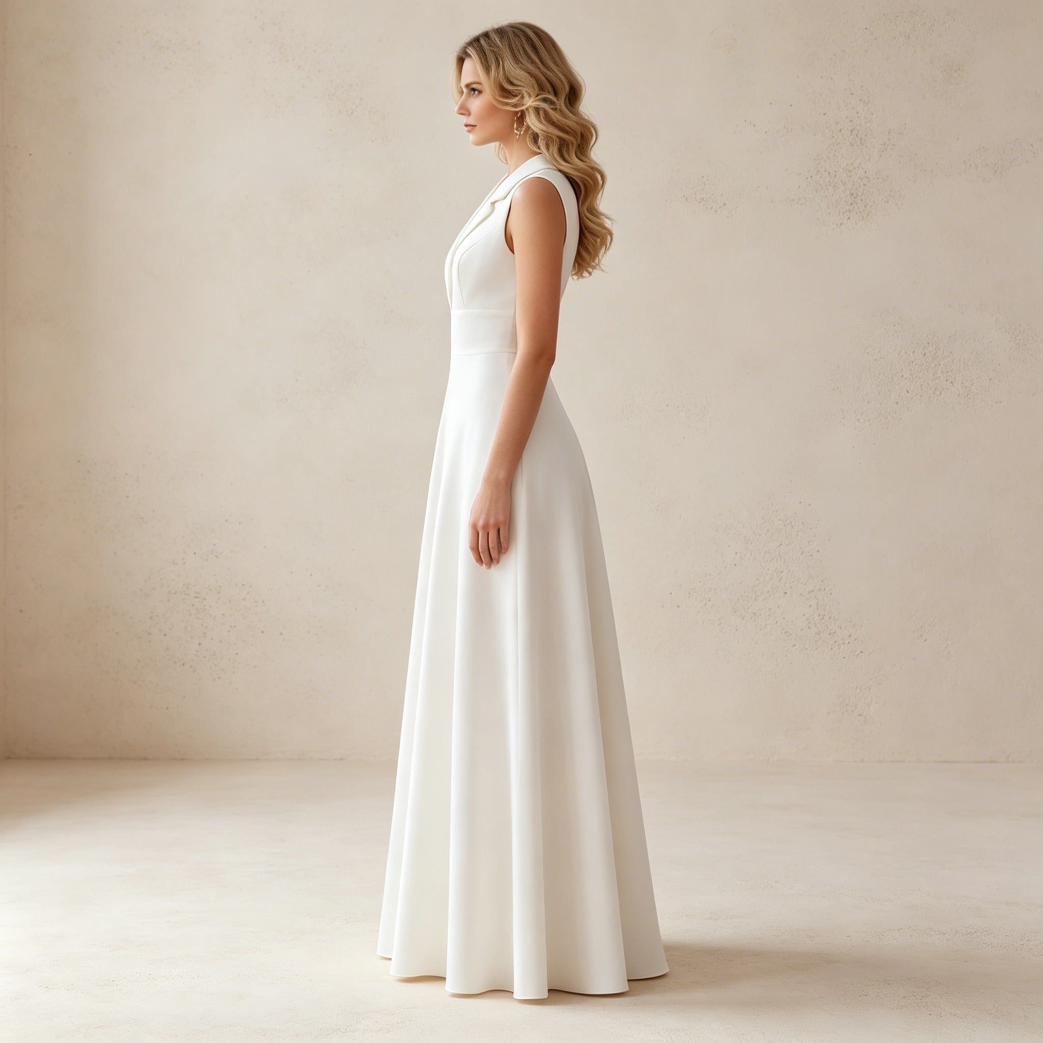 Ärmelloses Satin Festkleid mit V-Ausschnitt – Stilvolles Damen Eventkleid in Weiß
