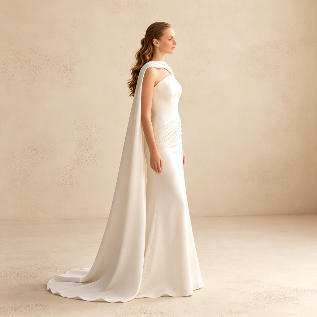 Elegantes Maxikleid mit Cape in Weiß – Figurbetontes langes Abendkleid mit Raffung