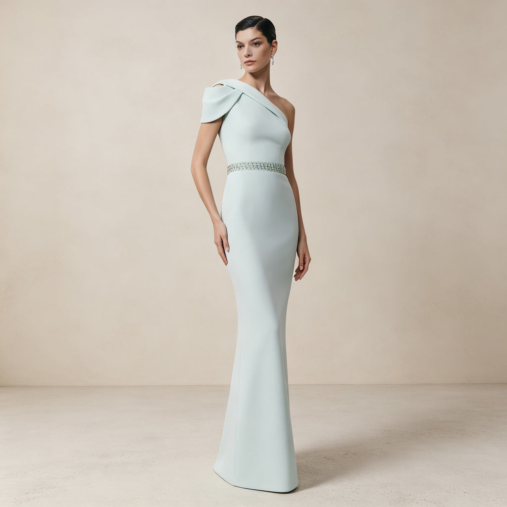 Asymmetrisches One-Shoulder Abendkleid in Mintgrün mit Kristall-Gürtel