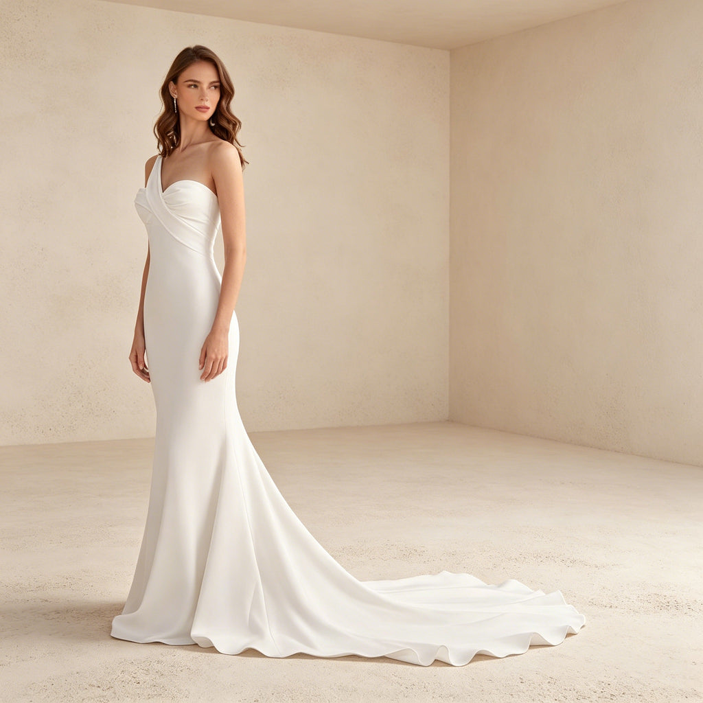 Asymmetrisches One-Shoulder-Abendkleid mit Drapierung – Elegantes Maxikleid mit Schleppe