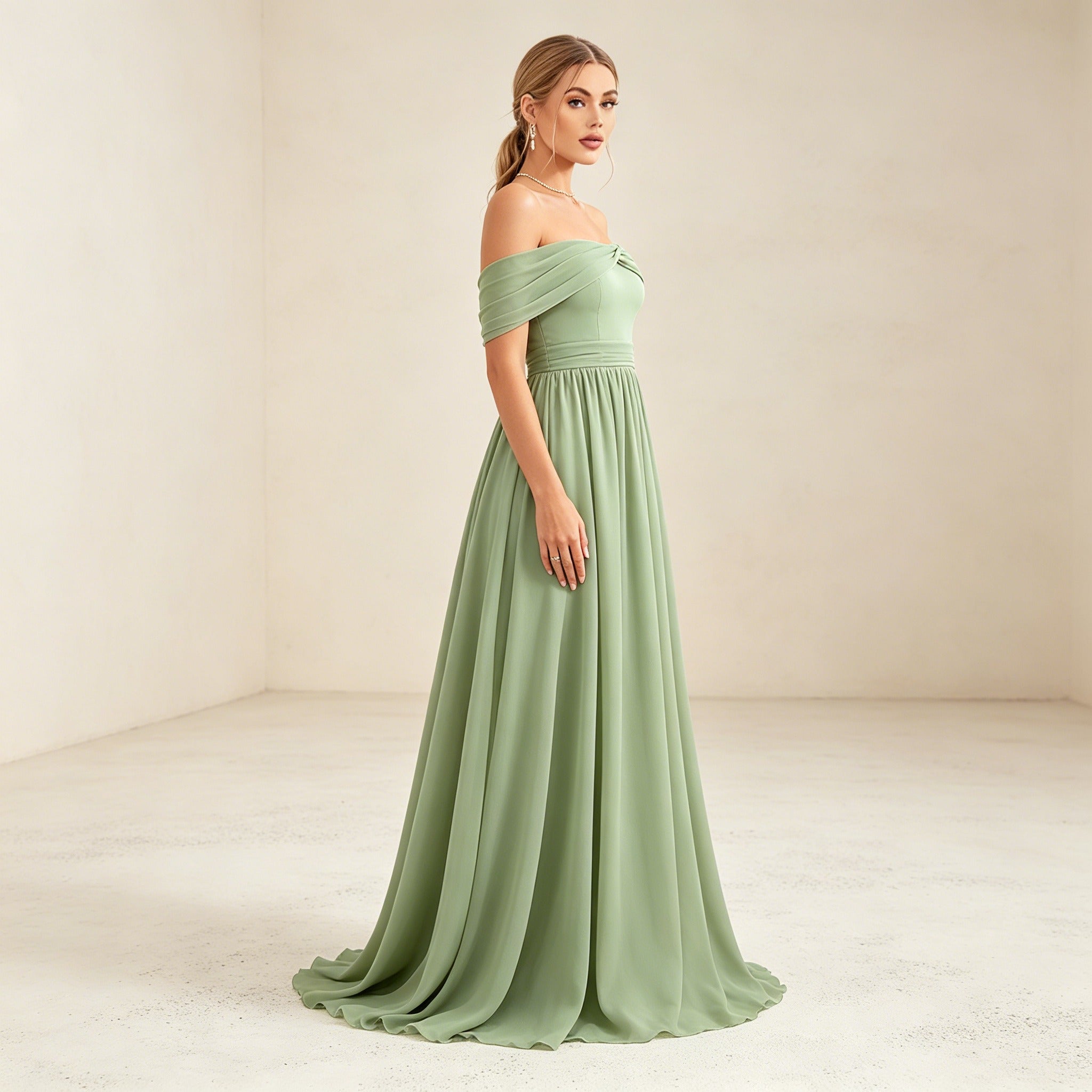 Salbeigrünes Off-Shoulder Abendkleid aus Chiffon – Elegante Maxirobe