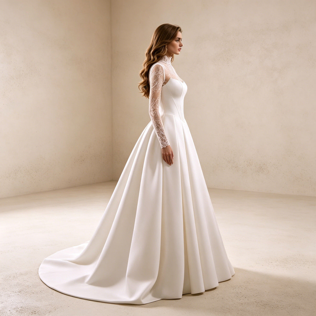 Elegant Abendkleid mit Stehkragen und Spitze | Langarm Satin-Korsett-Kleid Weiß