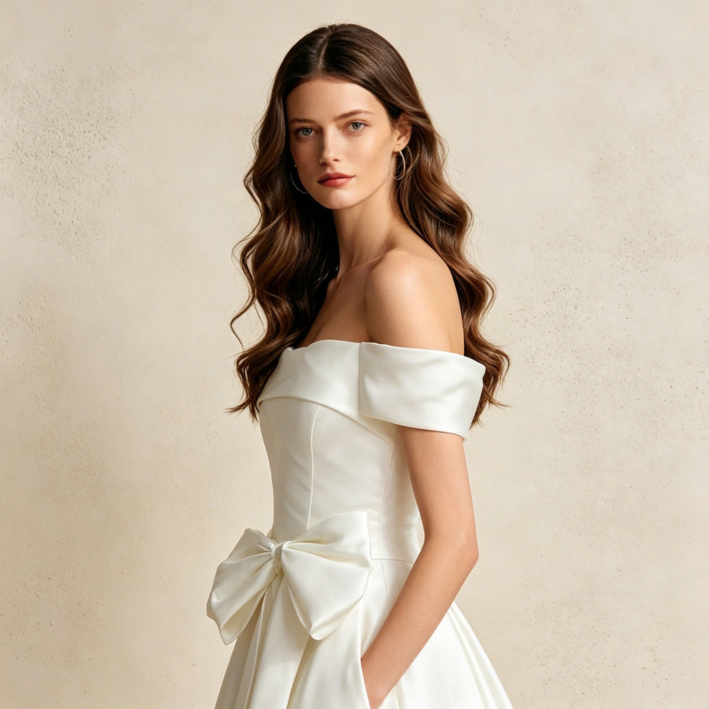 Off-Shoulder Abendkleid mit großer Schleife – Elegantes Satin-Maxikleid in Weiß