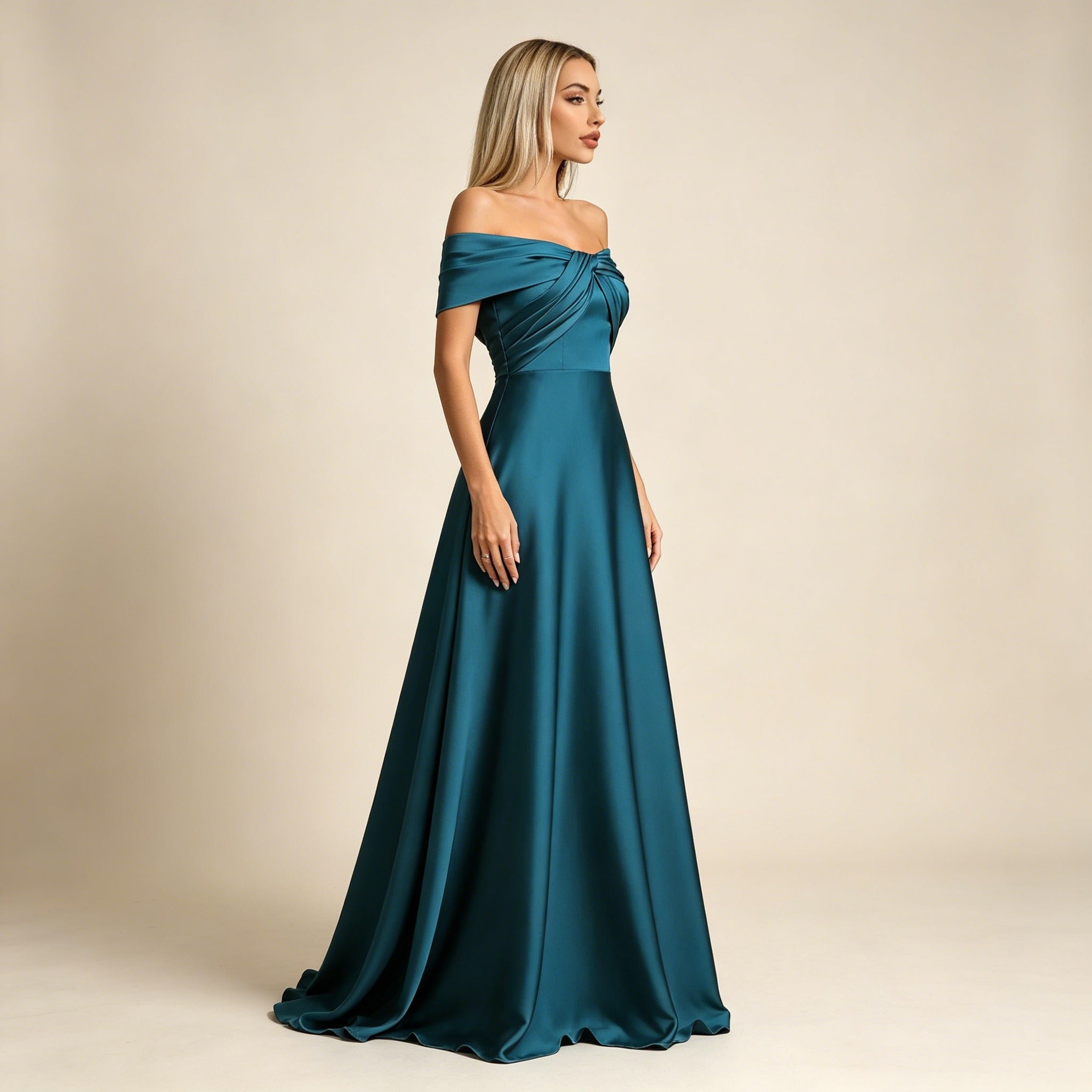 Smaragdgrünes Off-Shoulder Abendkleid aus Satin – Elegante Maxirobe für Damen