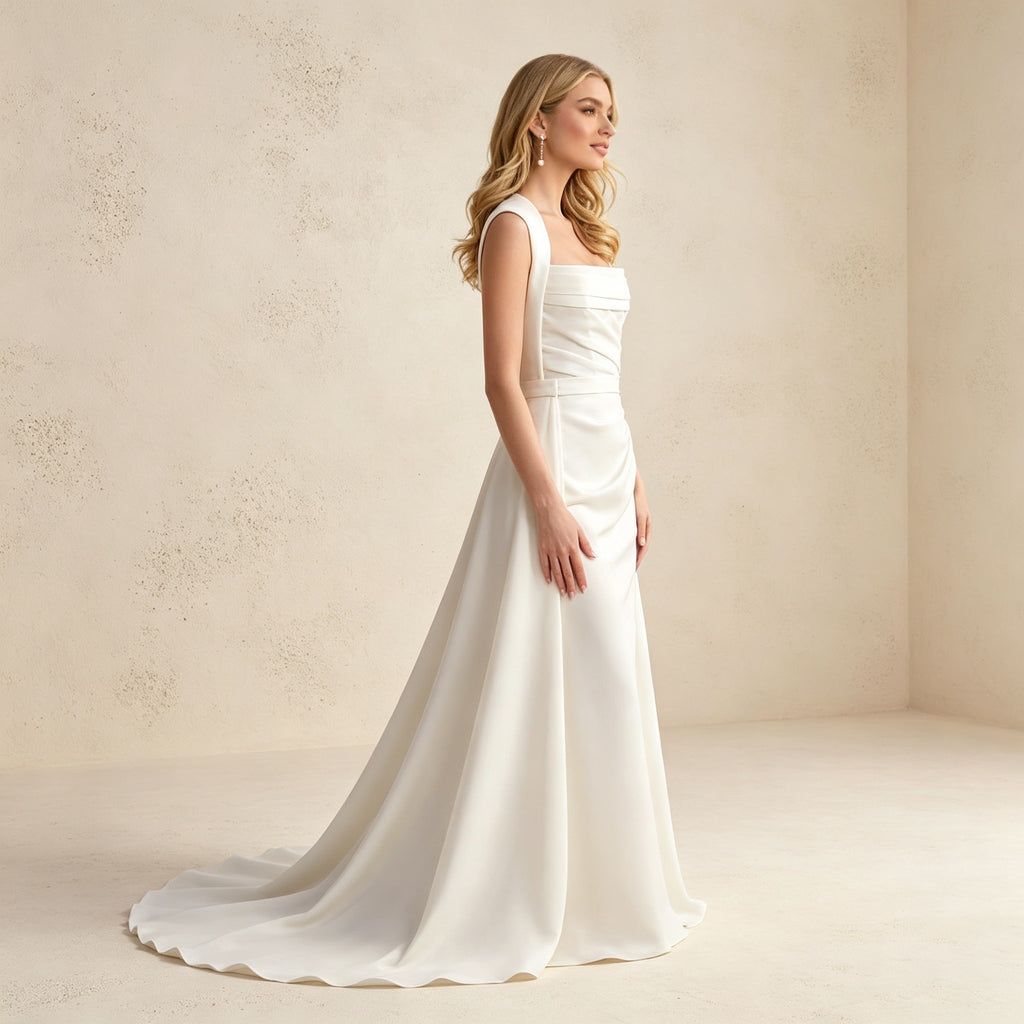 Satin-Abendkleid mit eckigem Ausschnitt und Drapierung – Elegantes Maxikleid mit Schleppe