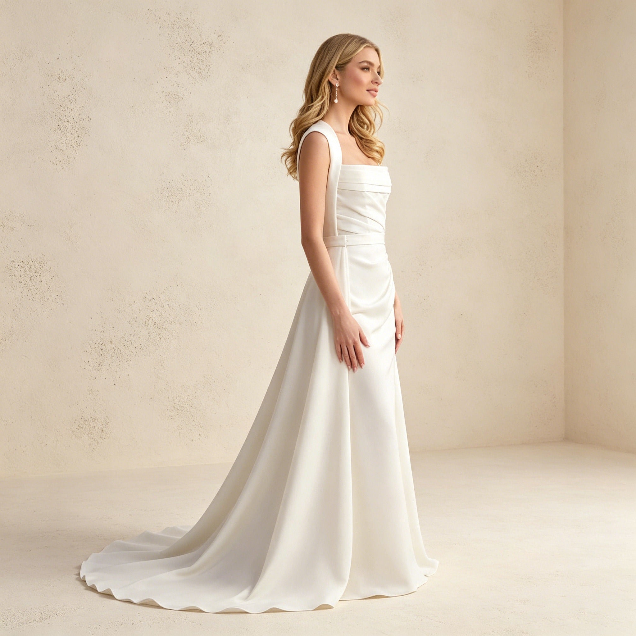 Satin-Abendkleid mit eckigem Ausschnitt und Drapierung – Elegantes Maxikleid mit Schleppe