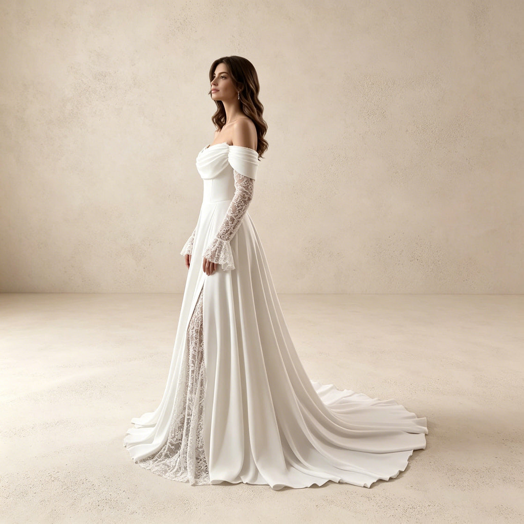 Off-Shoulder Abendkleid aus Satin mit Spitzenärmeln und Beinschlitz