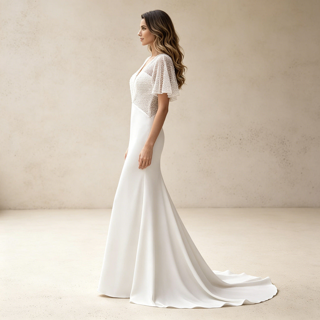 Satin Abendkleid mit Flatterärmeln – Elegantes Maxikleid mit Strass-Verzierung