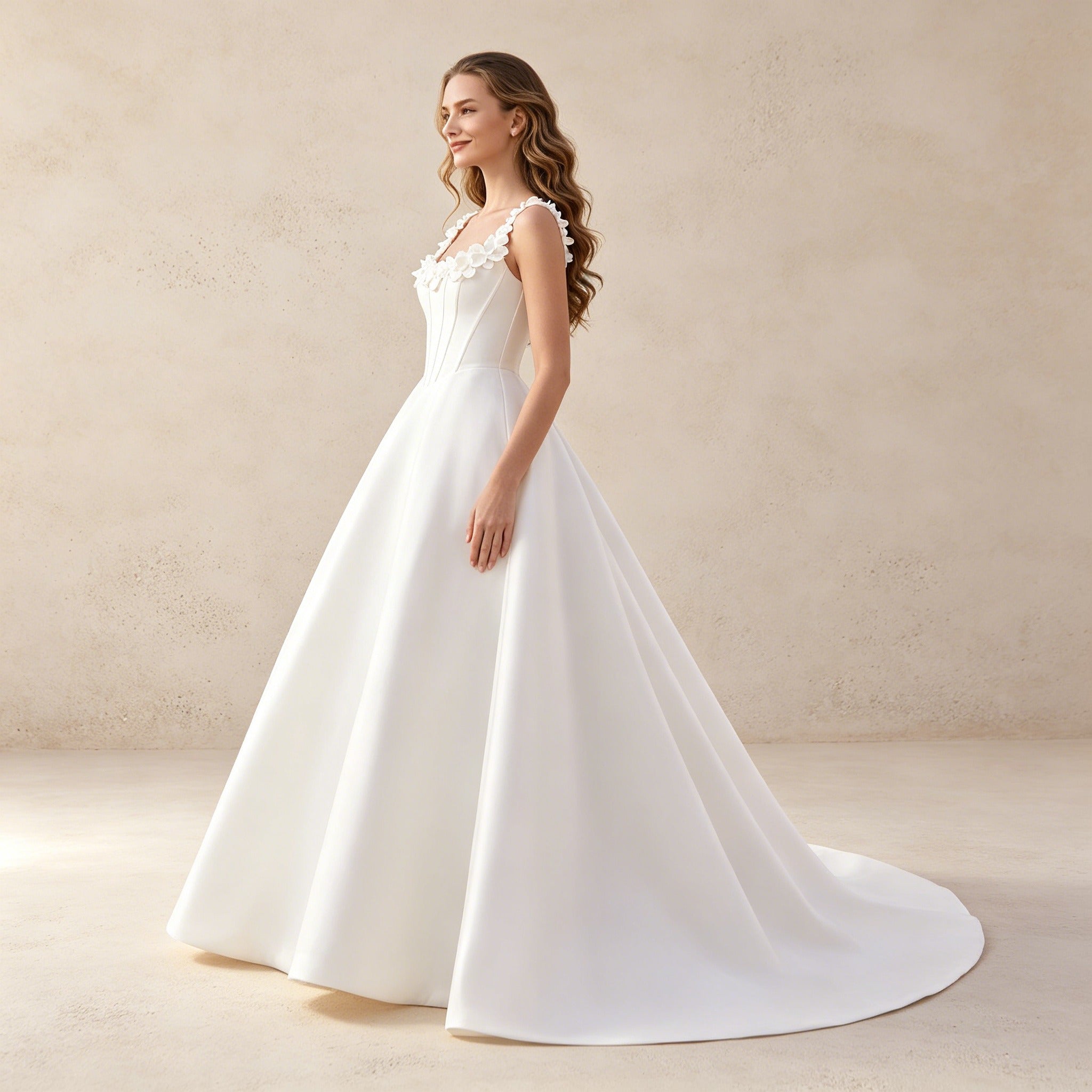 legantes Satin Ballkleid Weiß – Stilvolles Festkleid mit Corsagen-Oberteil und Blumen