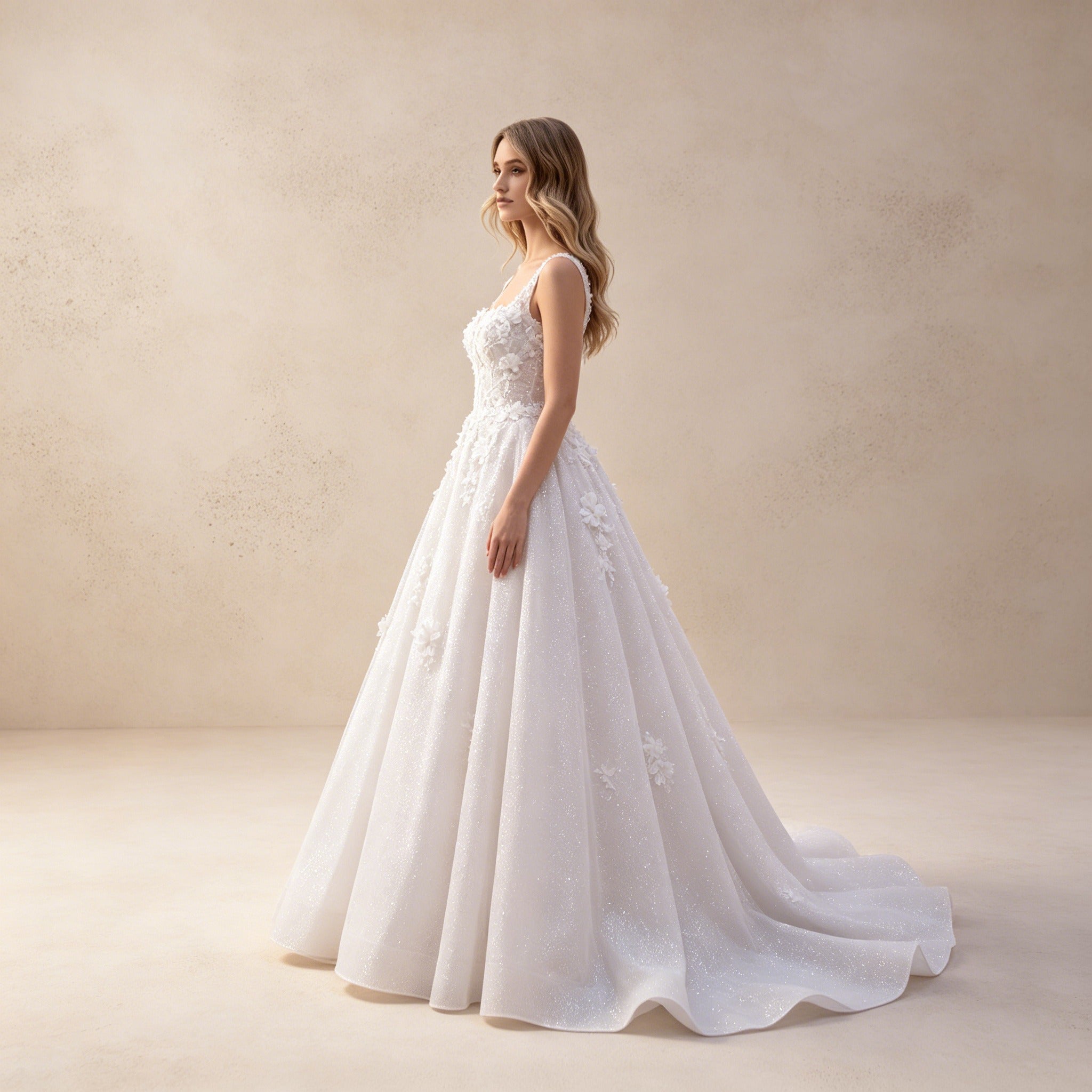Festliches Kleid mit 3D-Blumen | Weißes Ballkleid mit eckigem Ausschnitt