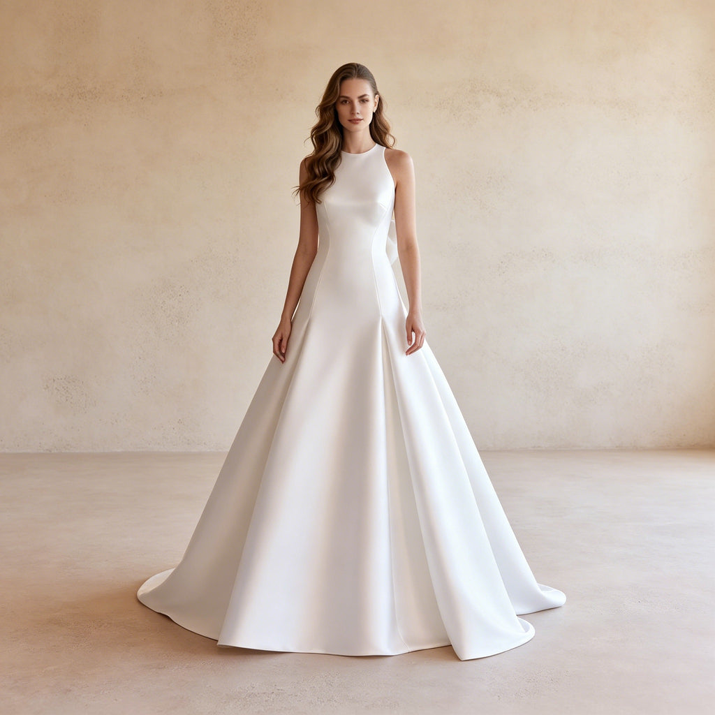Elegantes Halterneck Maxikleid in Weiß – Fließendes langes Abendkleid aus Satin