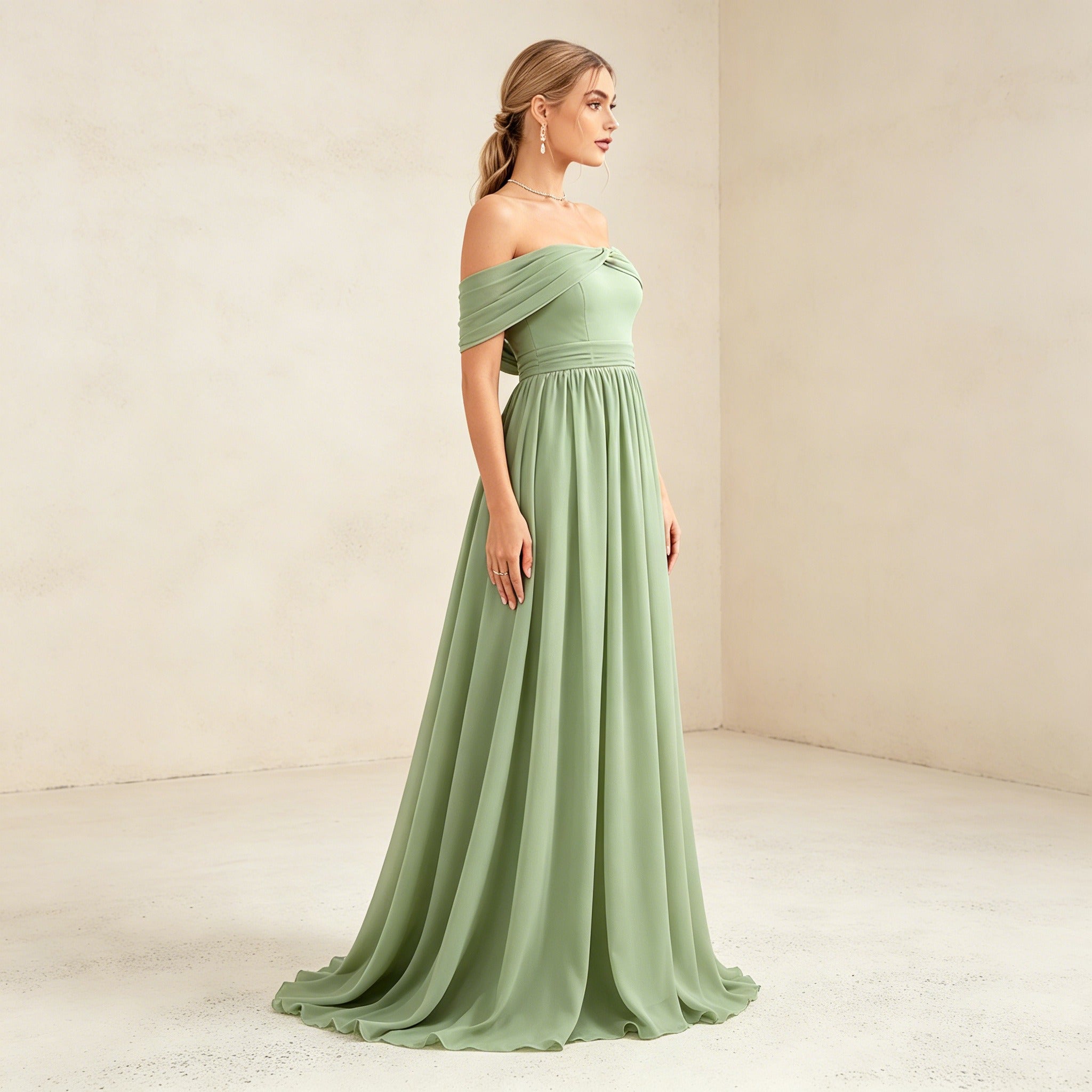 Salbeigrünes Off-Shoulder Abendkleid aus Chiffon – Elegante Maxirobe