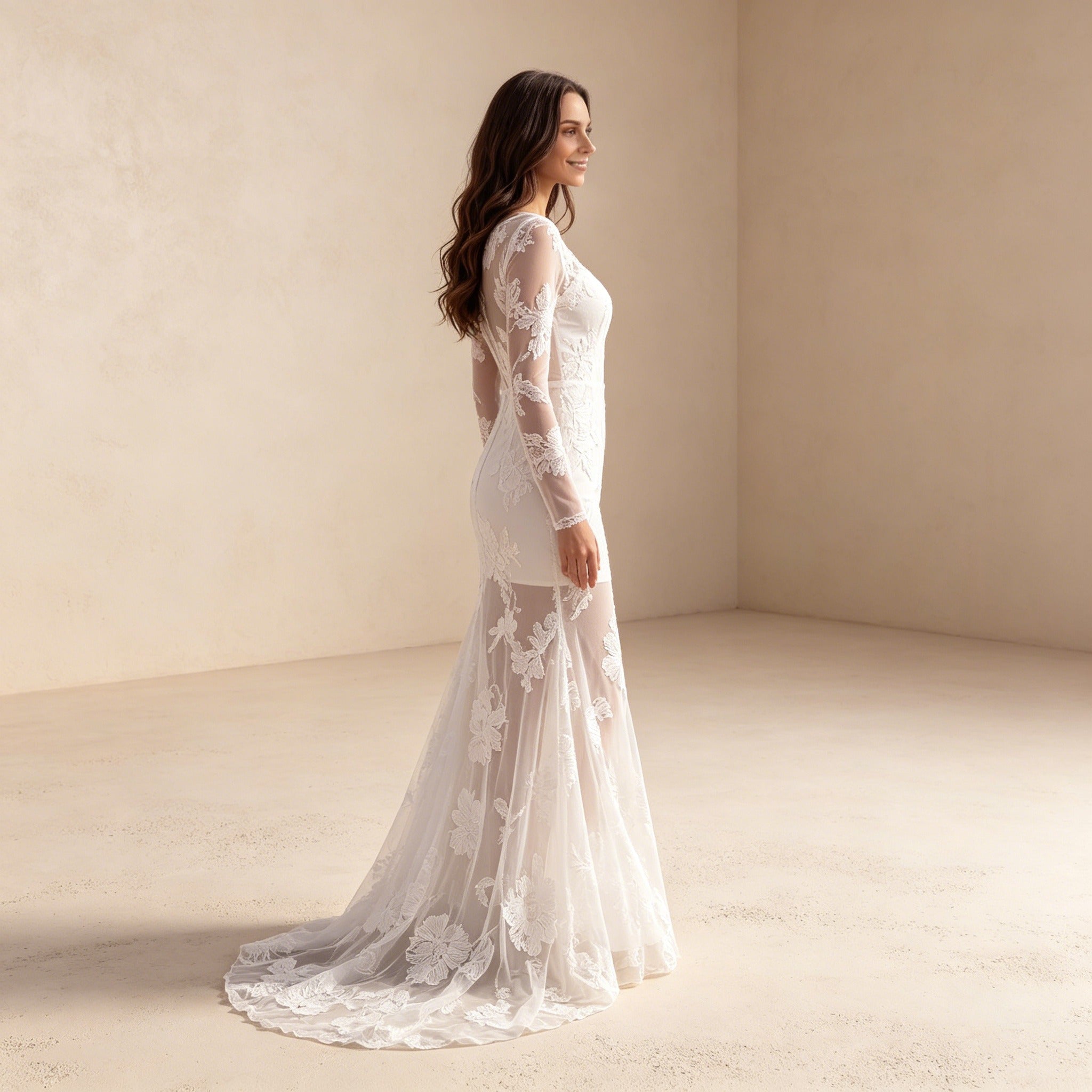 Elegantene Abendkleid mit floraler Stickerei – Langarm Meerjungfrau Maxikleid für Damen