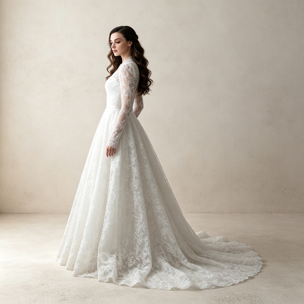 Elegantes Abendkleid mit Allover-Spitze, V-Ausschnitt und Langer Schleppe