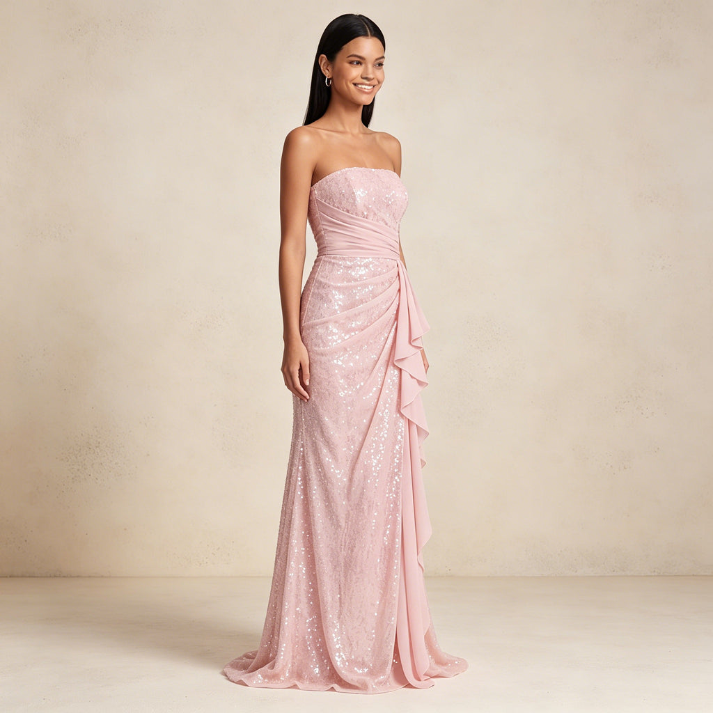 Rosa Trägerloses Abendkleid mit Pailletten – Elegante Robe mit seitlichen Volants