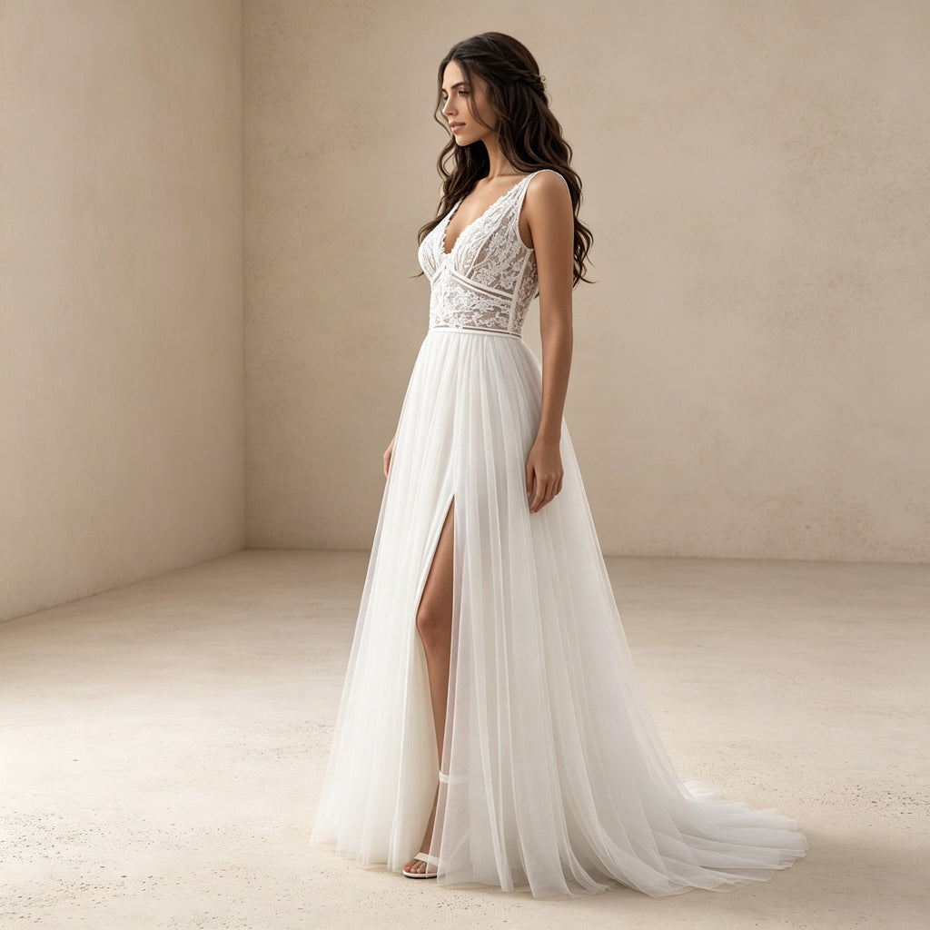 Elegantes Abendkleid mit Spitzenkorsage – Weißes Maxikleid mit Beinschlitz