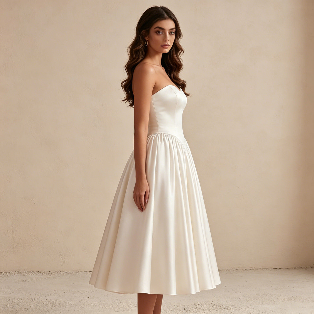 Trägerloses Satin Abendkleid in Midi-Länge – Elegantes Cocktailkleid mit Herz-Ausschnitt