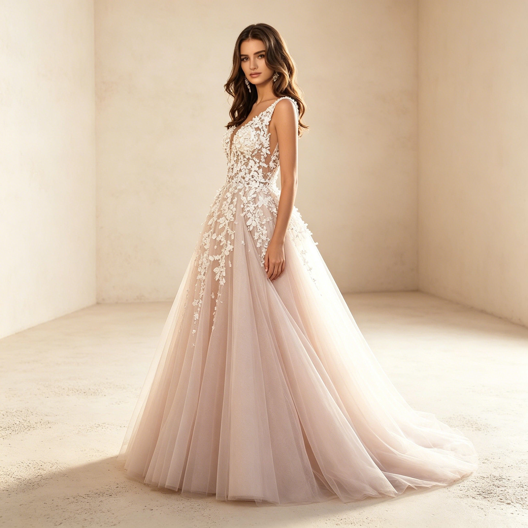 Traumhaftes Prinzessin Tüllkleid in A-Linie mit floralen Applikationen