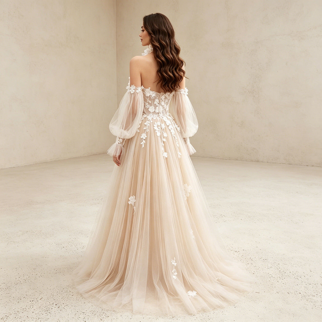 Elegant Off-Shoulder Abendkleid mit 3D-Blumen und Puffärmeln aus Tüll