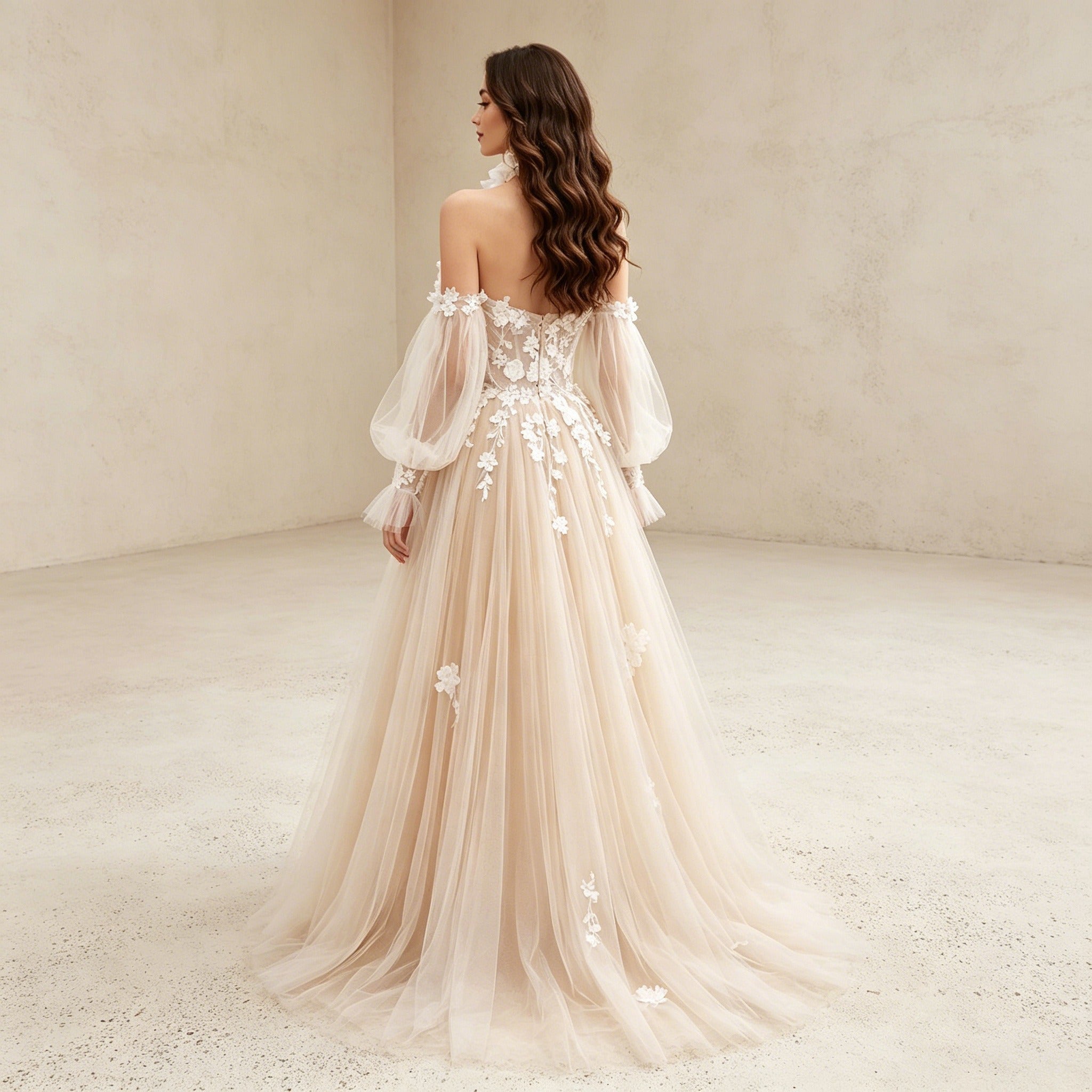 Elegant Off-Shoulder Abendkleid mit 3D-Blumen und Puffärmeln aus Tüll