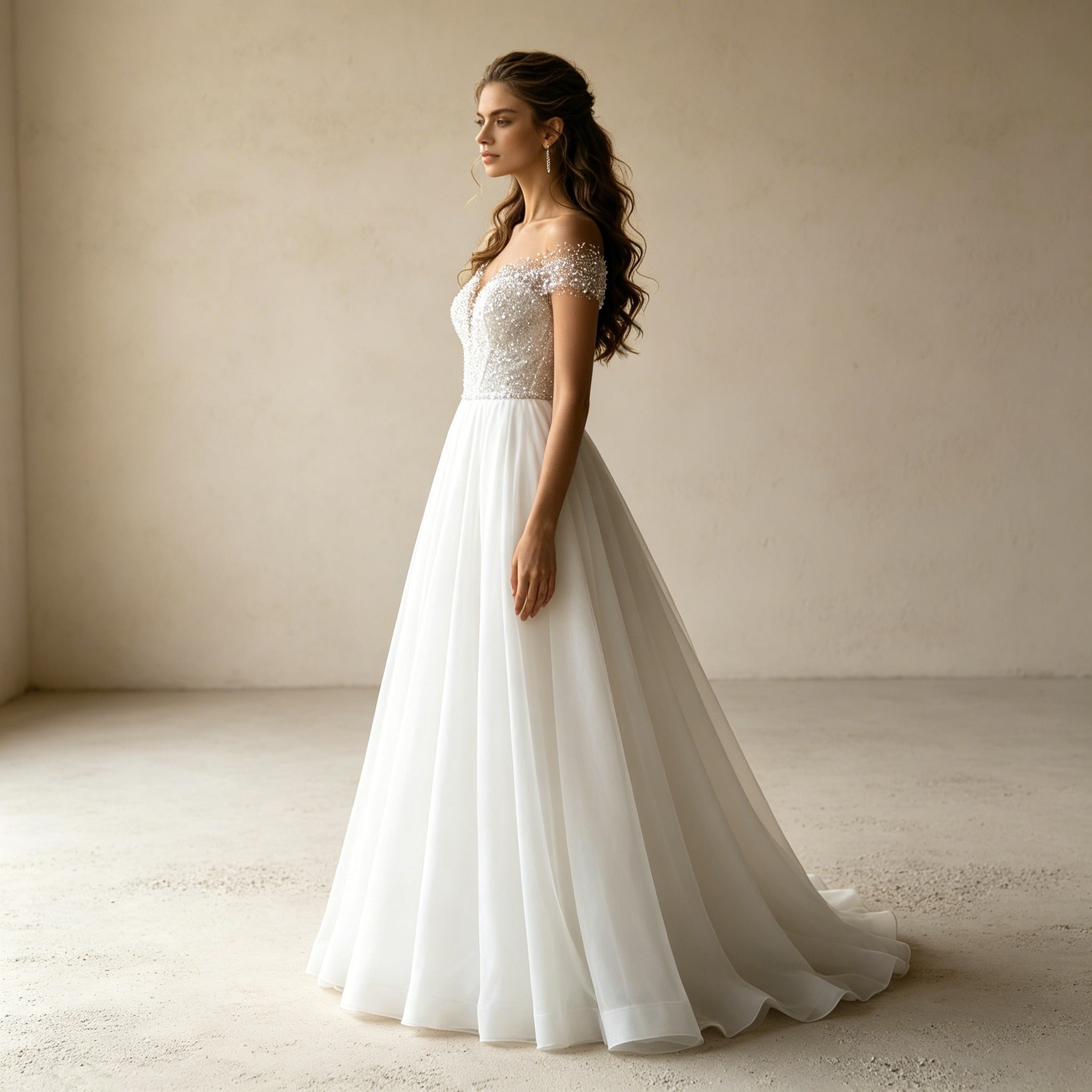 Off-Shoulder Abendkleid mit Pailletten-Corsage – Elegantes Maxi-Festkleid in Weiß