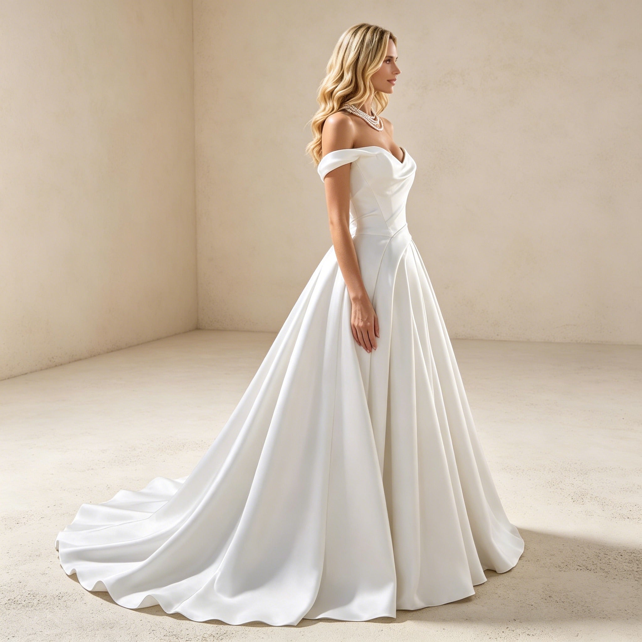 Off-Shoulder Satin-Abendkleid mit Drapierung – Bodenlanges Festkleid für Gala