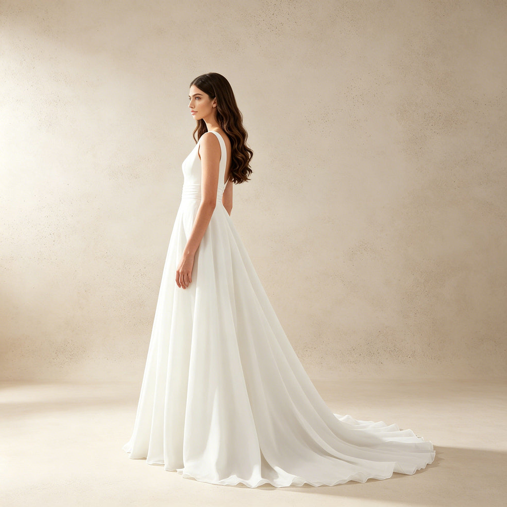 Elegantes Maxikleid mit U-Ausschnitt in Weiß – Fließendes langes Abendkleid mit Taillenraffung