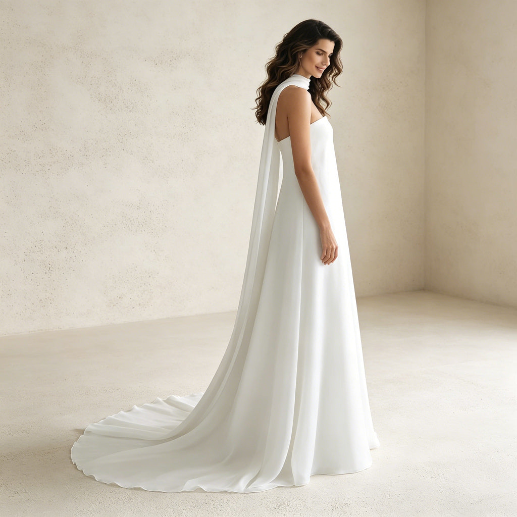 Elegantes Halterneck Abendkleid – Weißes Maxikleid mit Fließendem Cape