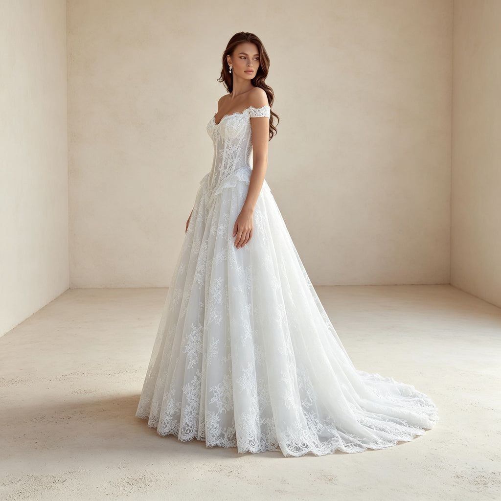 Festliches Ballkleid mit Spitze und Off-Shoulder-Trägern – Elegantes Maxikleid