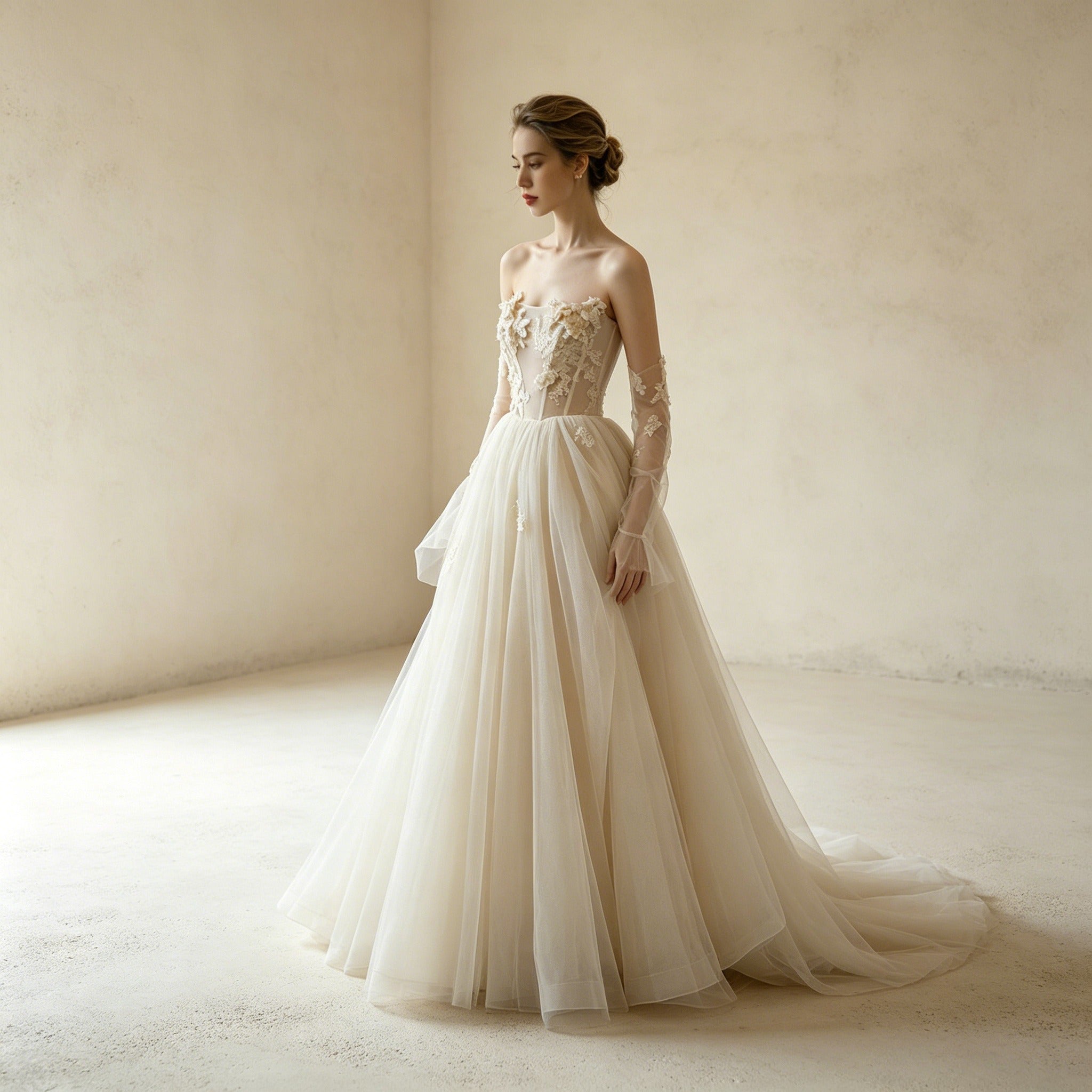 Elegantes Off-Shoulder Abendkleid Weiß | Tüllkleid mit floraler Spitze
