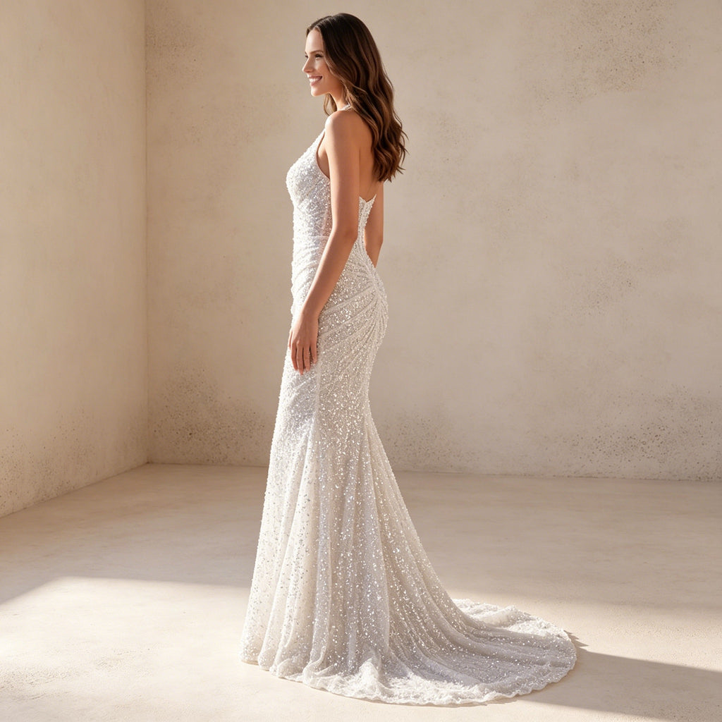 Elegantes Halterneck Abendkleid mit Pailletten – Funkelndes Maxi-Festkleid in Weiß