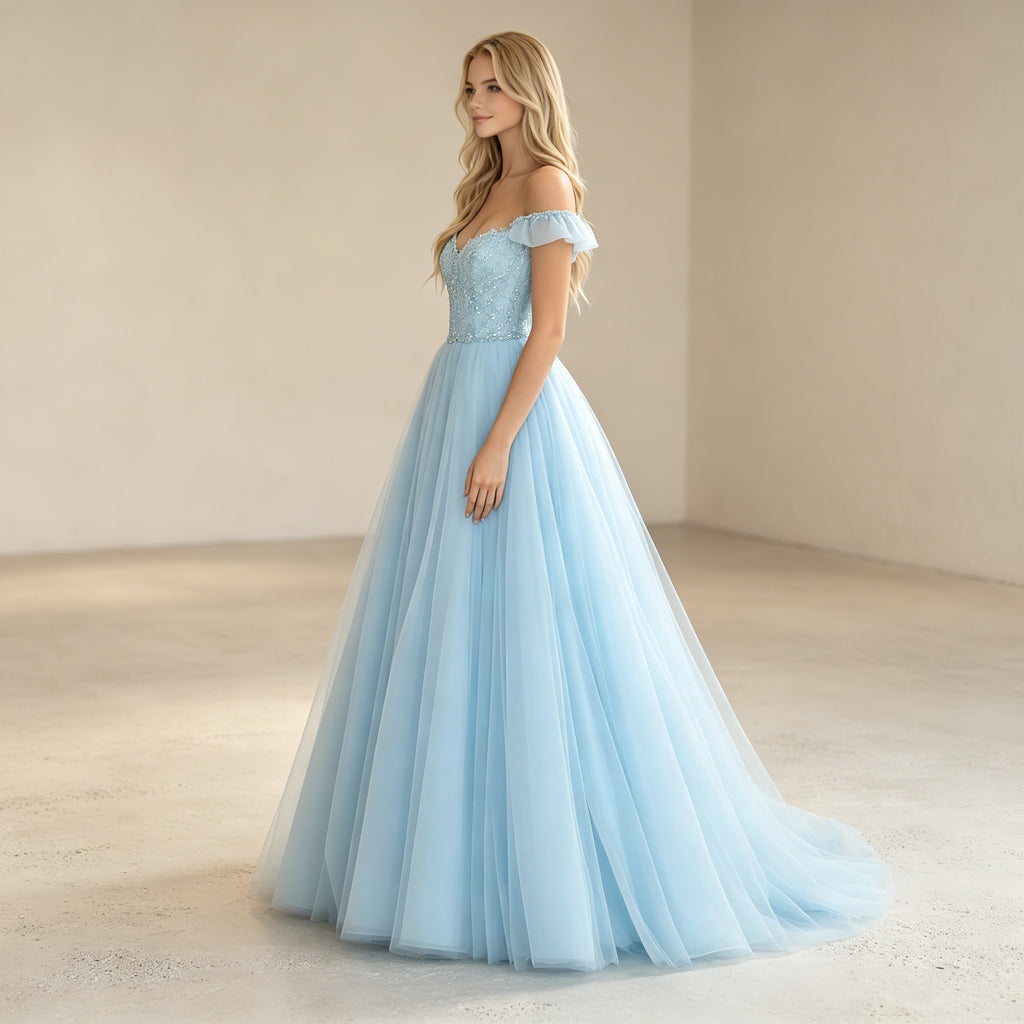 Eisblaues Off-Shoulder Abendkleid mit Glitzer – Traumhafte Tüll-Robe in A-Linie