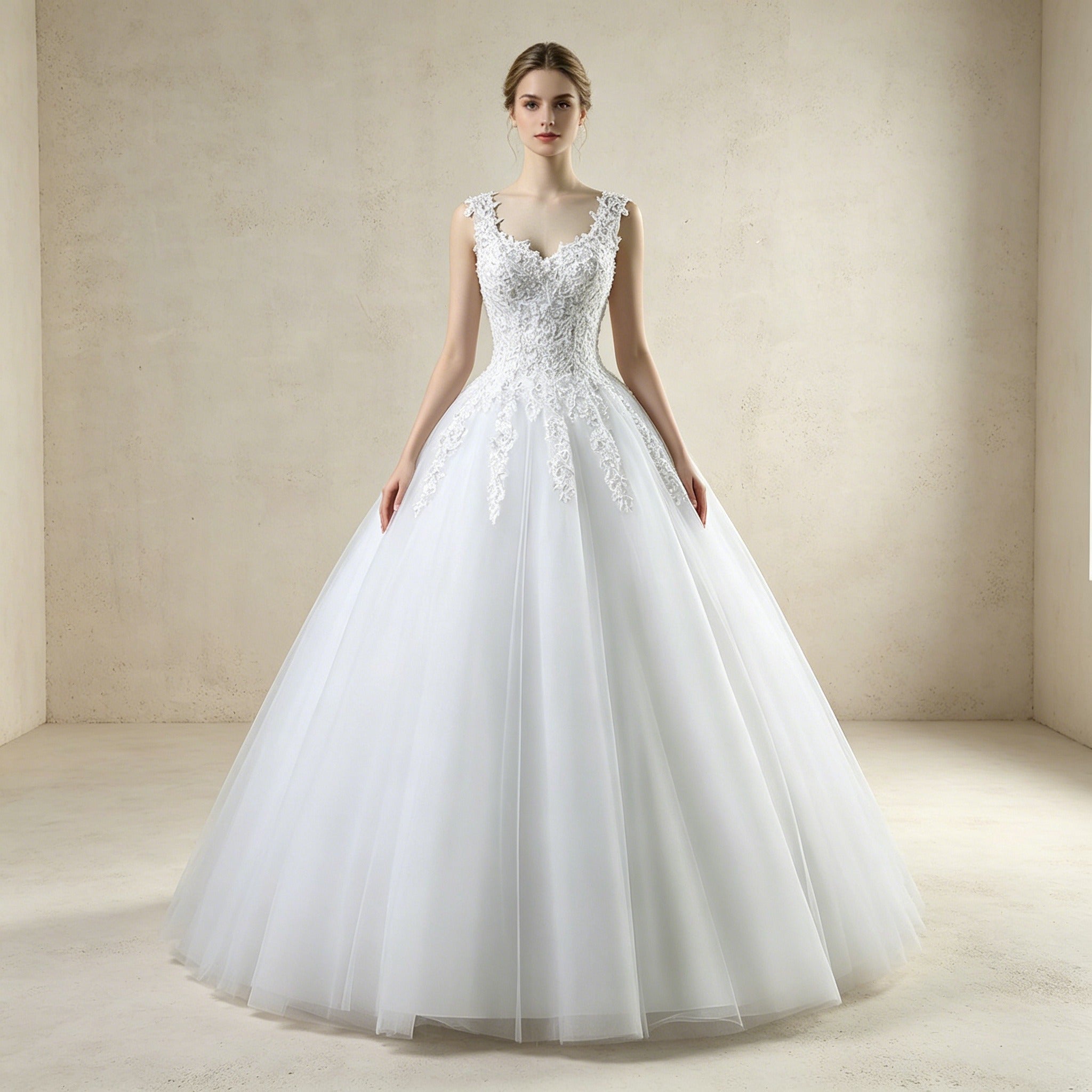 Elegantes Ballkleid mit Spitzen-Stickerei | Voluminöses weißes Tüllkleid