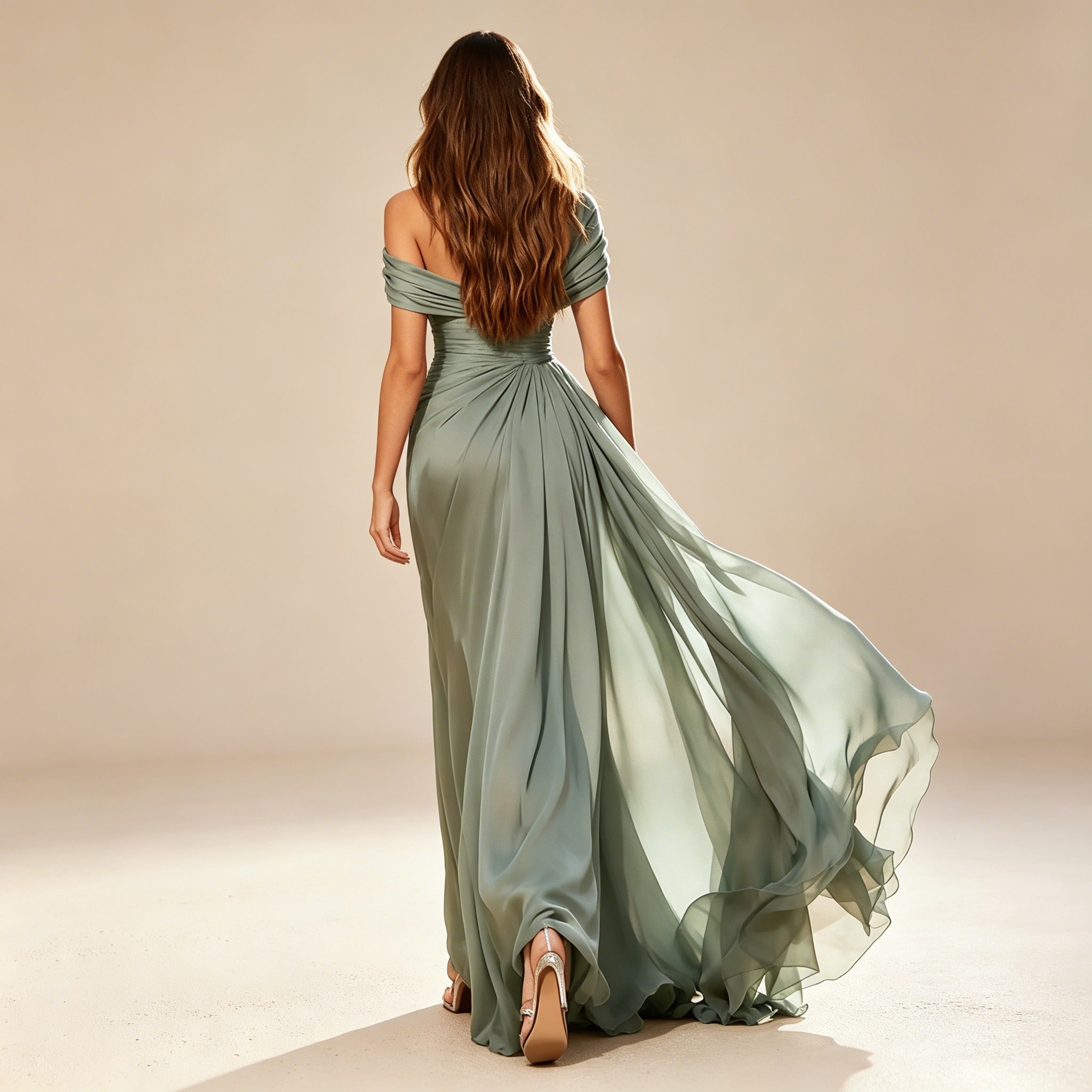 Bodenlanges Abendkleid aus Chiffon in Salbeigrün mit One-Shoulder-Design