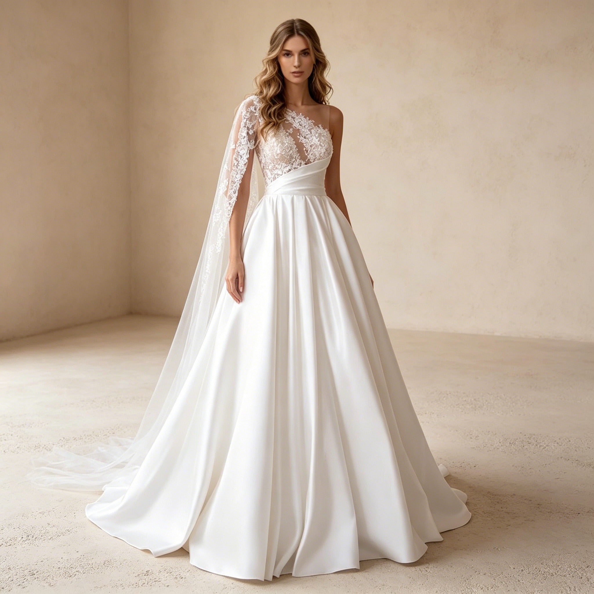 Romantisches A-Linien Gala-Kleid aus Satin mit Stickerei und Schleppe