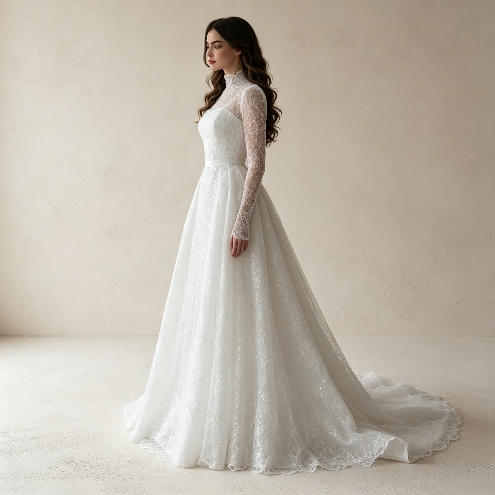 Elegantes Abendkleid mit Spitze, Stehkragen und Langen Ärmeln in A-Linie
