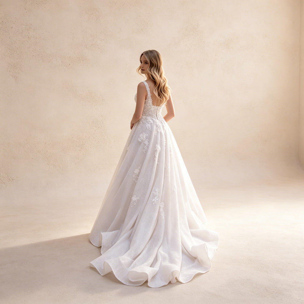 Festliches Kleid mit 3D-Blumen | Weißes Ballkleid mit eckigem Ausschnitt