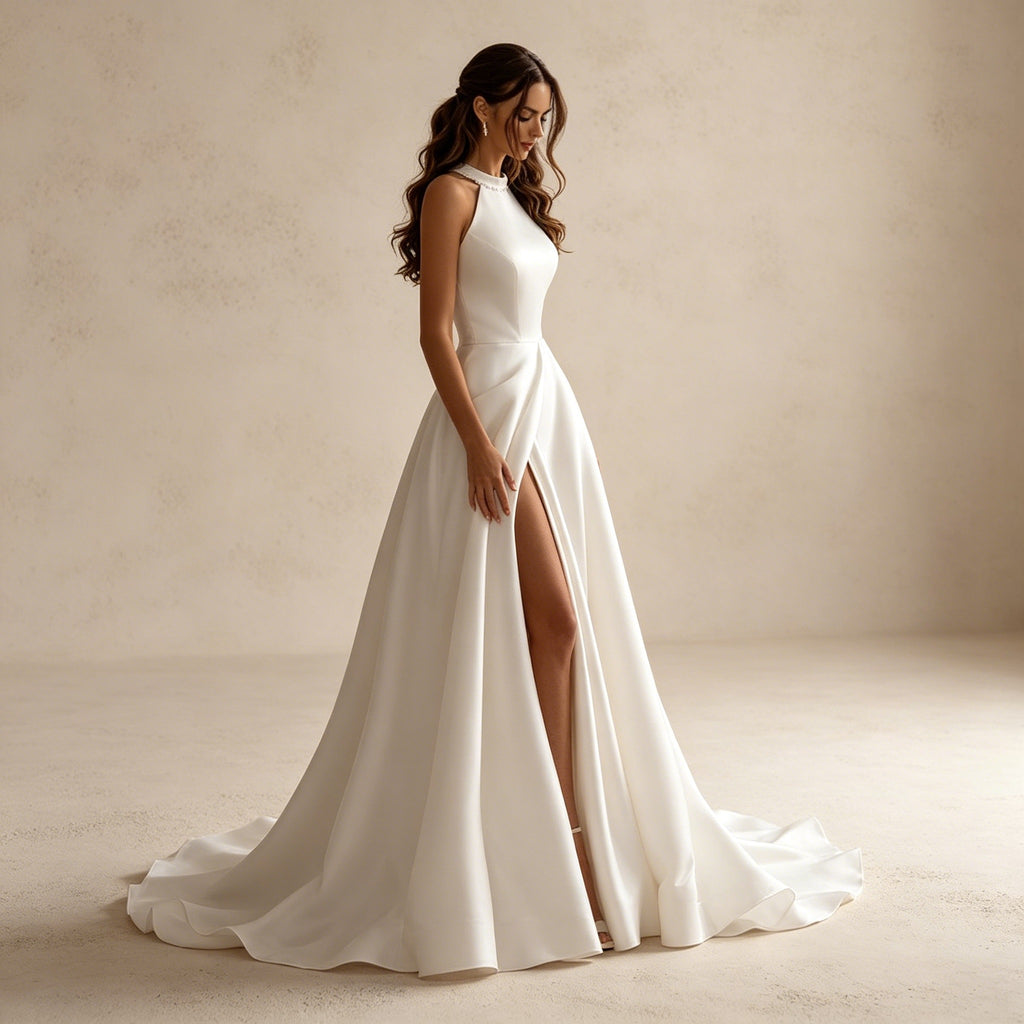 Elegantes Neckholder-Abendkleid aus Satin mit Hohem Beinschlitz