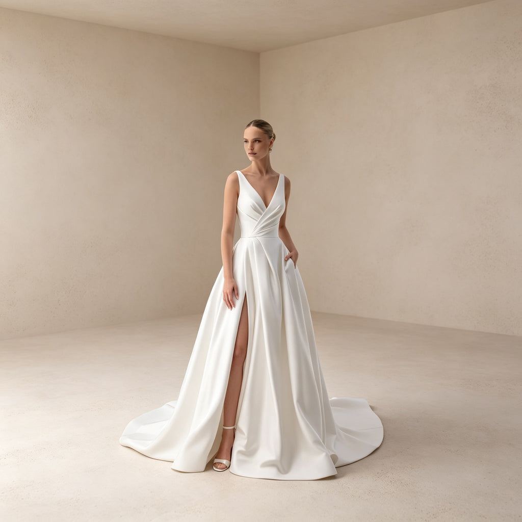 Exklusives Gala-Kleid Weiß | Bodenlanges Kleid mit eckigem Ausschnitt
