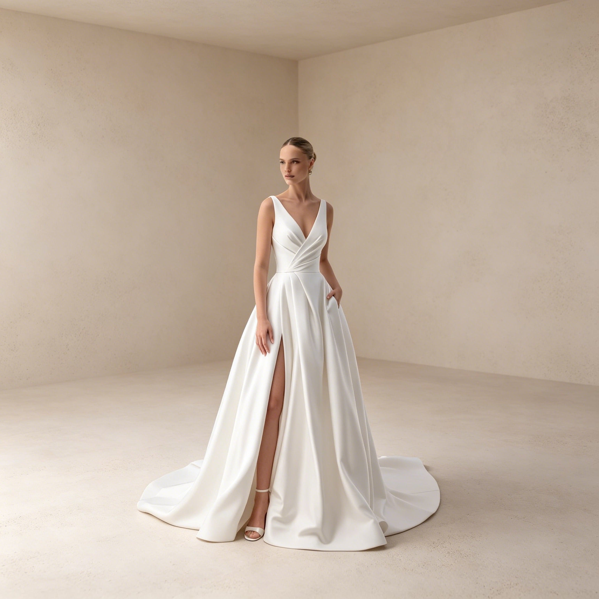 Exklusives Gala-Kleid Weiß | Bodenlanges Kleid mit eckigem Ausschnitt