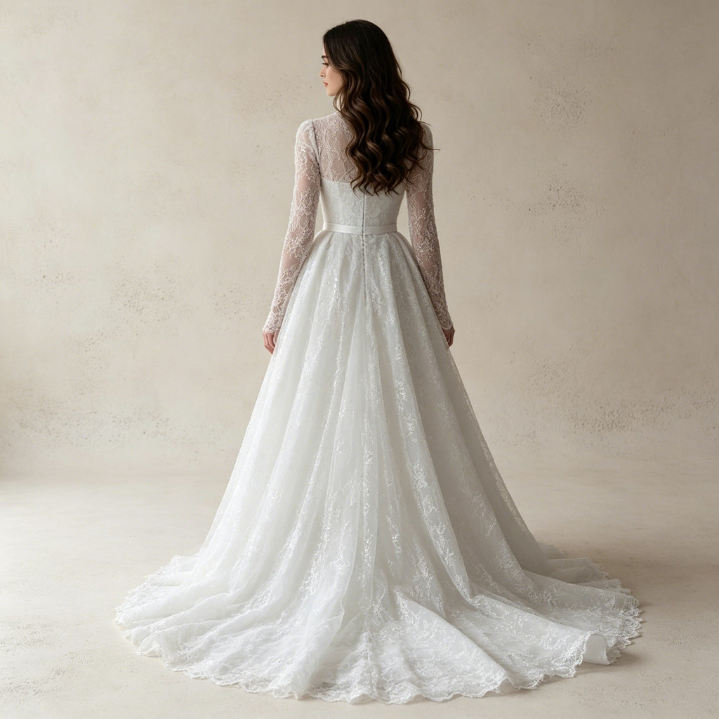 Elegantes Abendkleid mit Spitze, Stehkragen und Langen Ärmeln in A-Linie