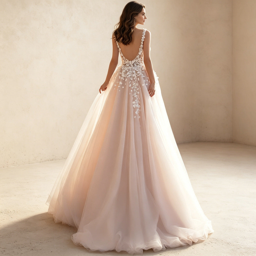 Traumhaftes Prinzessin Tüllkleid in A-Linie mit floralen Applikationen