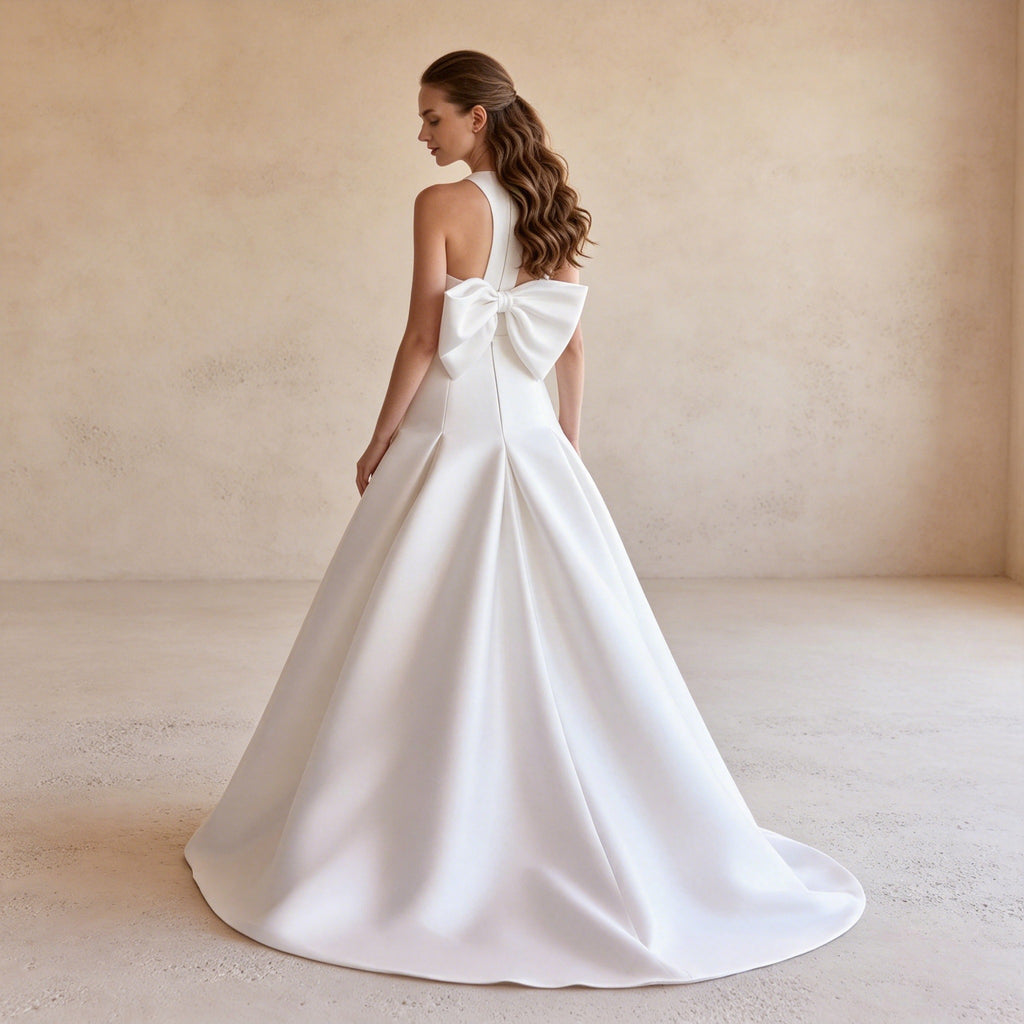 Elegantes Halterneck Maxikleid in Weiß – Fließendes langes Abendkleid aus Satin